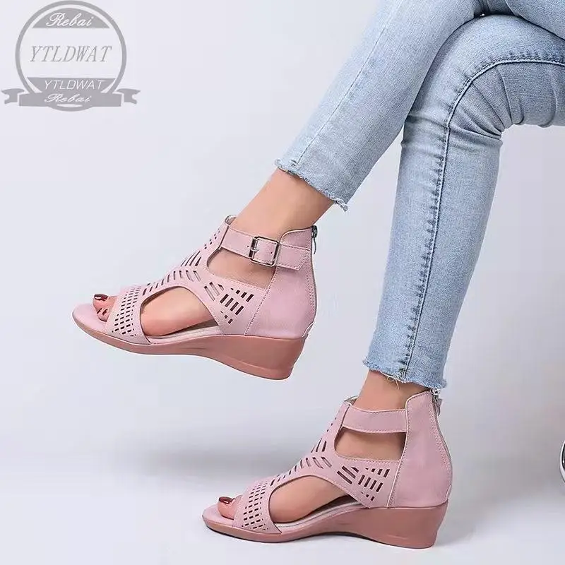 

YTLDWAT 2022 Vintage Cutout Sandals Mid Heel Summer Buckleless Women's Shoes Faux Open Toe Casual Wedding Wedges Ladies