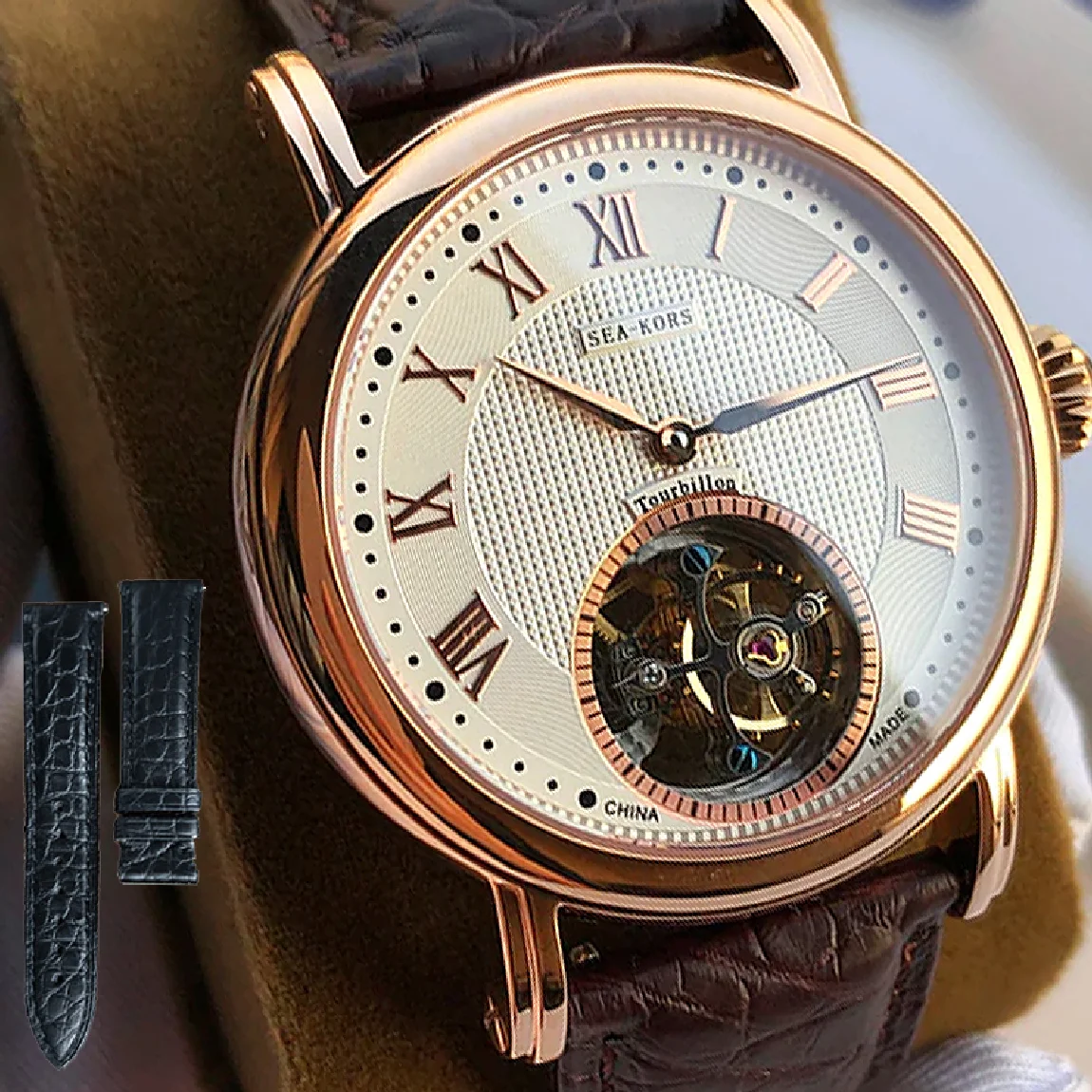 

Genuine Tourbillon Men Watch Seakors seagull movement ST8000 mechanical men watches Rose gold wristwatches Leather