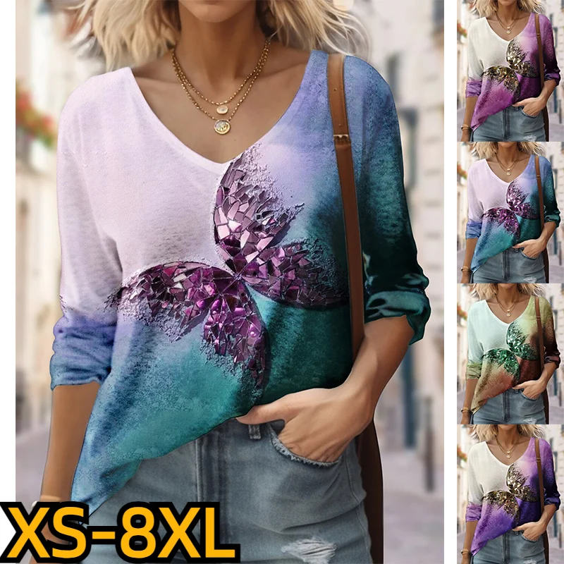 

2023 Women's 3D Print Pullover Everyday Fashion V-Neck Casual T-shirt New Design Long Sleeve Autumn Street Loose Tee Shirt