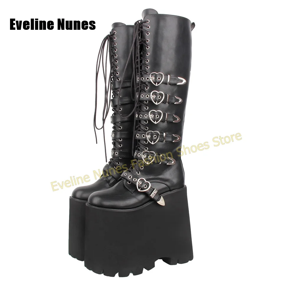Ботинки на высокой платформе в стиле Y2K Gothic Lolita, черные матовые, с металлической пряжкой в форме сердца, на массивной подошве, в стиле панк, для вечеринок, модная уличная обувь (art.: 3920dc0d2603b) - 3920dc0d2603b