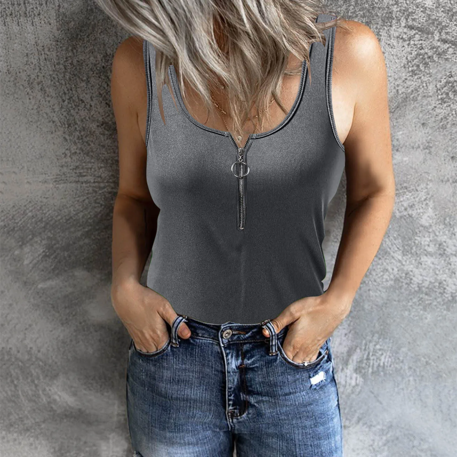 

Women's Tank Top Sexy Solid Color Slim Fit Vests Low Collar Sleeveless Top Zipper Tank Vests Blouse Blusas Mujer Женская Одежда