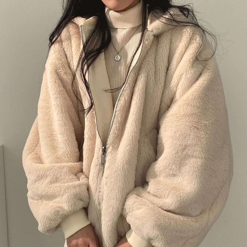 YICIYA Coat Woman Winter 2023 Fashion Lambswool Reversible Jacket Women Harajuku Oversized Solid Basic Winter Zip Up Hoodie Coat