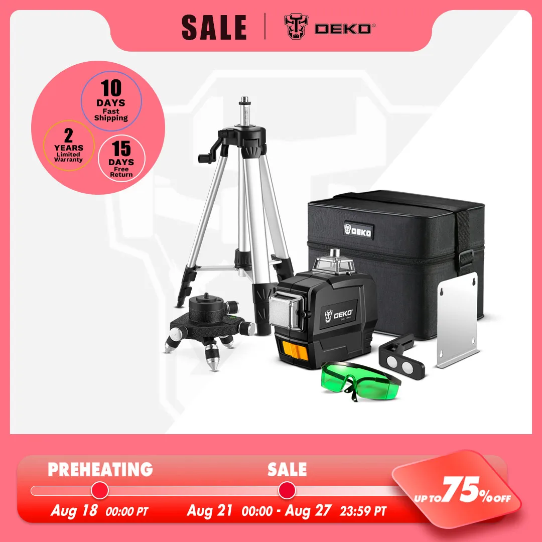 Лазерный уровень 360 DEKO DC, горизонтальный и вертикальный 3D-лазер 12-линейный зеленый с автоматическим самовыравниванием, лазерный дальномер