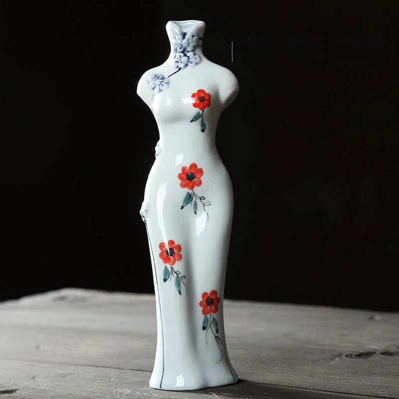 Фото Неоклассический китайский Cheongsam из селадона, ручная роспись, керамическая подставка для цветов, гидропонное устройство для сухих цветов, украшение для стола №5