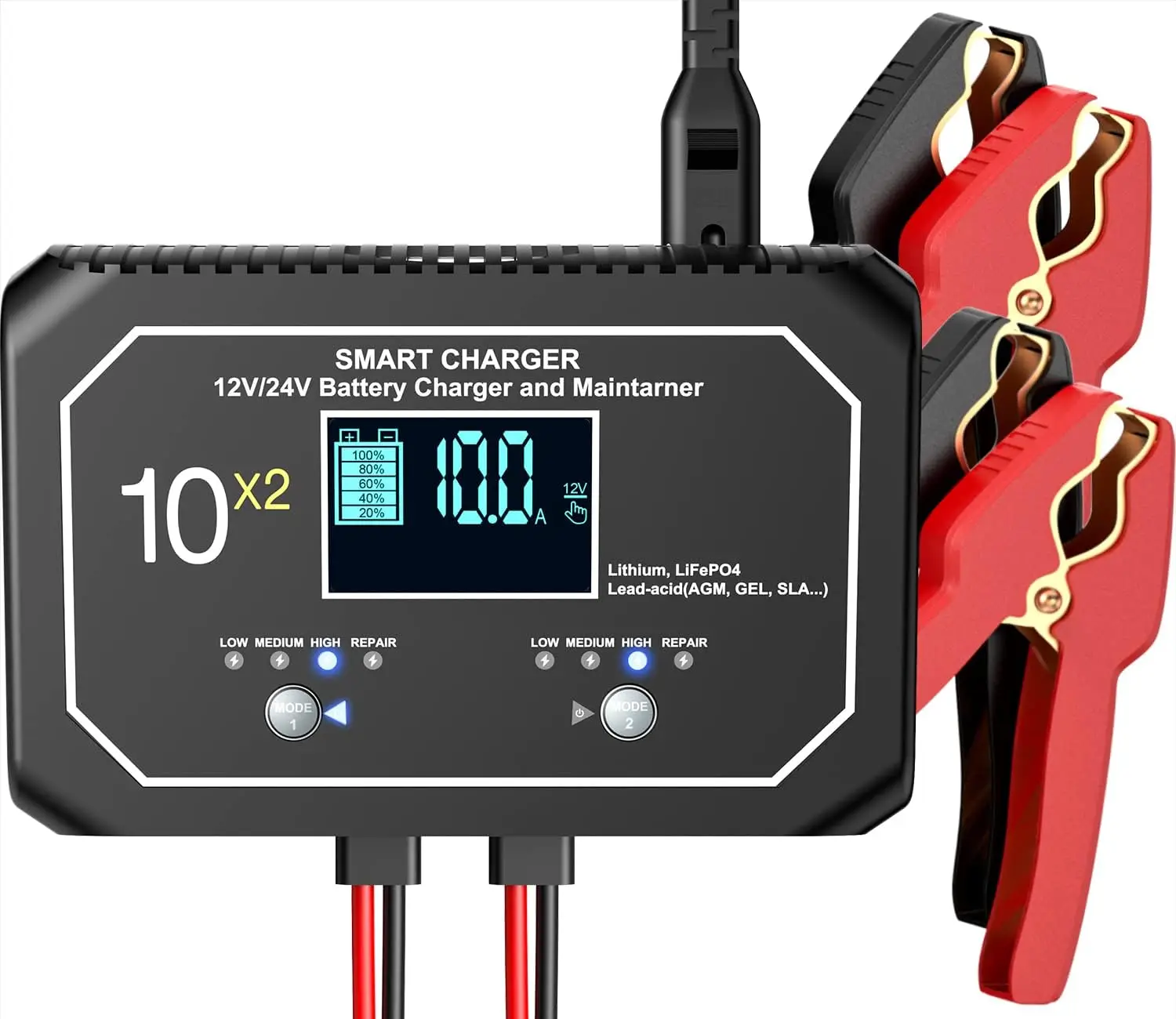 

20-Amp (10-Amp Per Bank) Automatic Smart Marine Charger, 12V and 24V Onboard Battery Charger, Battery Maintainer, Trickle Charge