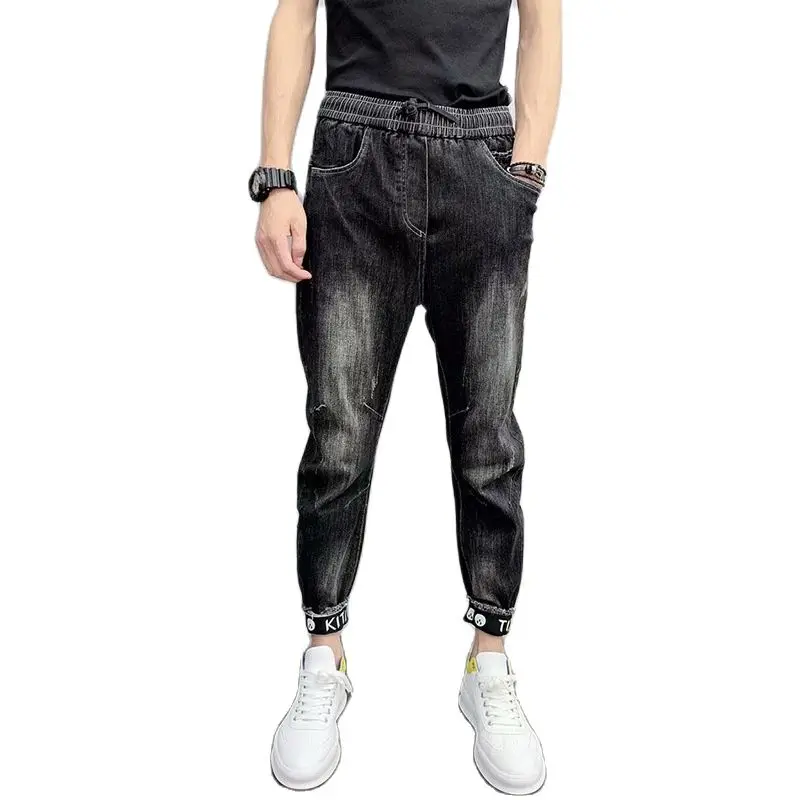 

Autumn Winter 2022 Fashion Denim Streetwear Hip Hop Guy Men's Elastic Waist Eenagers Jeans Pants Cowboy Harem Black Trousers