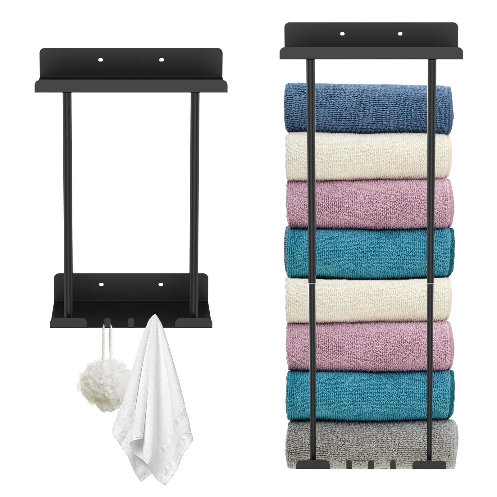 

Wall Mounted Towel Rack Retractable Bathroom Towel Storage with Shelf and 3 Hooks Carbon Steel Towel Organizer Space Saving