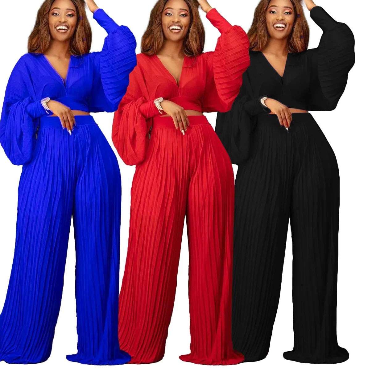 

Elegant Club Outfits Women Sexy V Neck Crop Top Pleats Solid Wide Leg Pants Two-piece Set for Party 2022 Spring New Arrivals