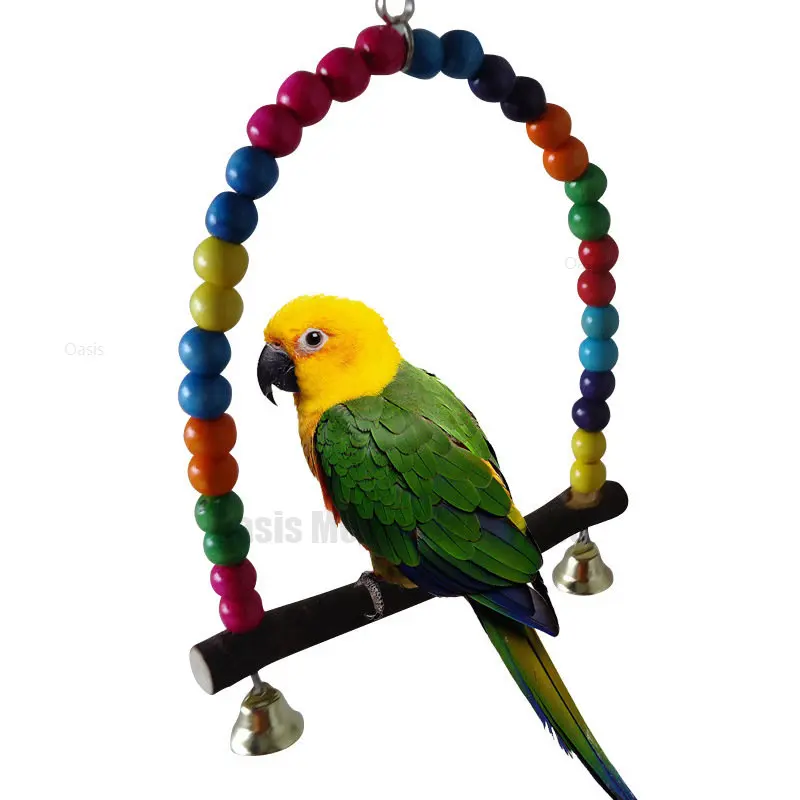 

1PC Durable Wooden Parrots Stand Swing Toy Birds Colorful Beads Bird Supplies Bells Toys Perch Hanging Swings Cage for Pets