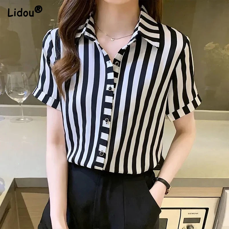 

Fashion Thin Short Sleeve Blouses Female Turn-down Collar Stripe Button Single Breasted Straight Tops Women Summer Simple Shirts