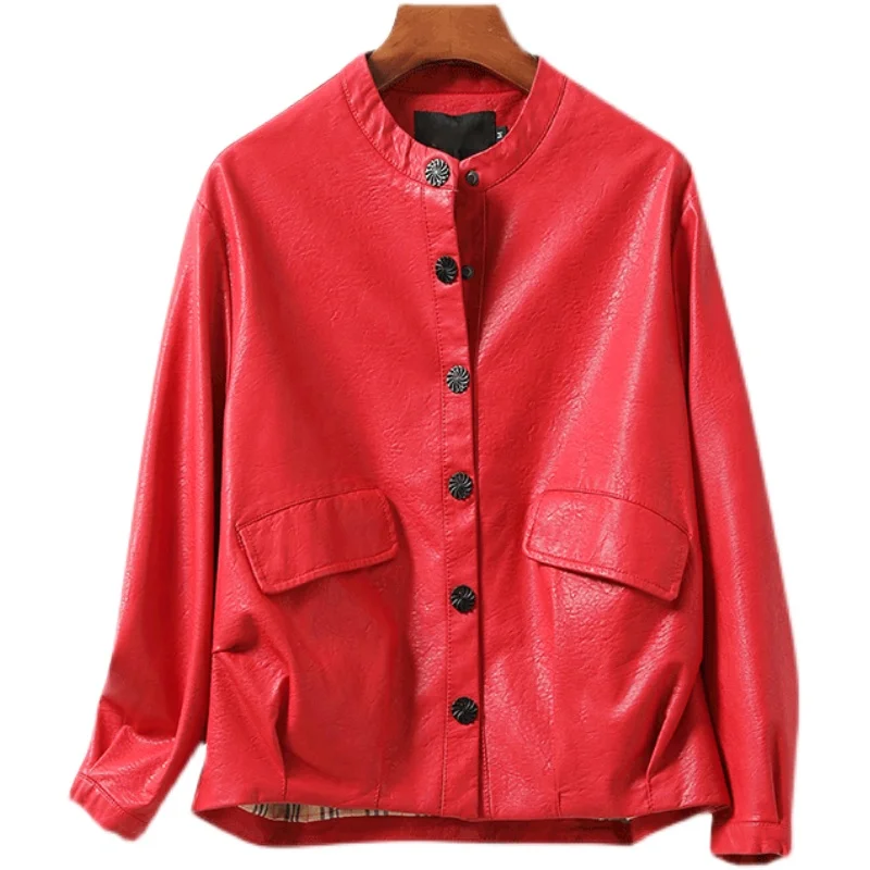 Leather Jacket Women's Spring And Autumn Short Loose Sheepskin Clothes Small Women's Leather Coat Red Genuine Sheepskin