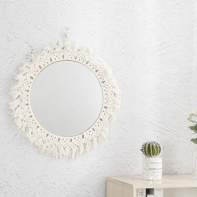 

Art Rattan Mirror Wall Decorative Frame White Round Hanging Bedroom Boho Makeup Mirror Free Shipping Espelho Korean Room Decor