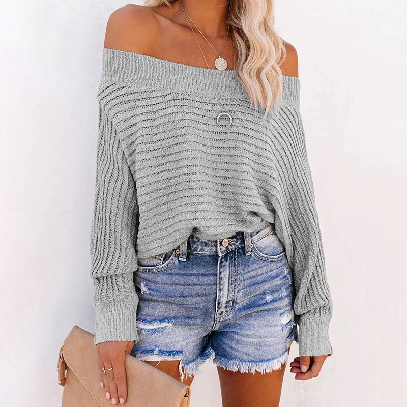 

2022 Autumn and Winter New European and American Hot Style Pit Stripe Neck Sweater Women's Off-the-shoulder Sweater Trend