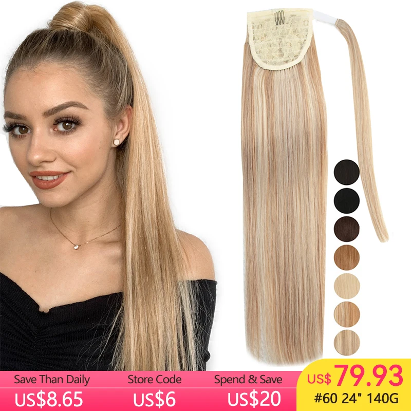 MRSHAIR Real Natural Hair Ponytail Human Hair Extensions Remy Hair Clip On Ponytail Extensions 12-24inch Thick Ends Blonde Brown