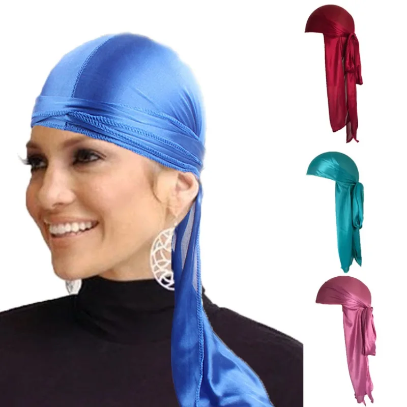 

Long Tail Silky Scarf Durag Muslim Doo Rag Pirate Hat Durag Chemo Caps Bandanas 18 colors for Choose Skull Hat Turban hair band
