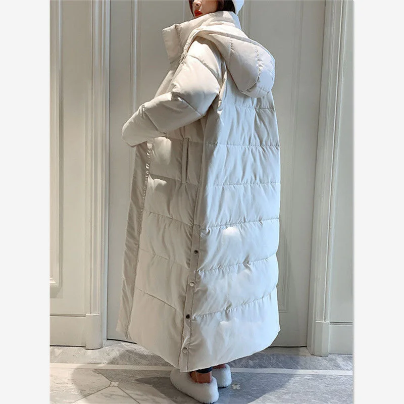 Women Super Long Quilted Coat Hooded Thick Long Sleeve Puffer Jacket Padded Coat Winter Outerwear Loose Maxi Cotton Parkas C358