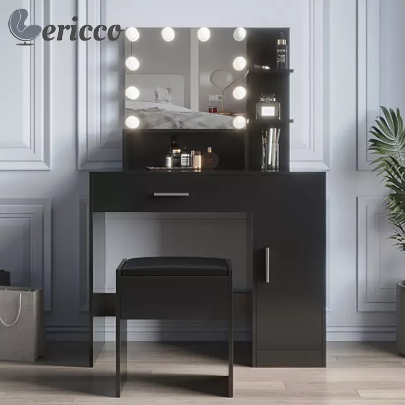 

GERICCO Dressing Table Makeup Tables with LED Bulbs Mirror and Stool Modern Vanity Table Black Dressers for Bedroom Household