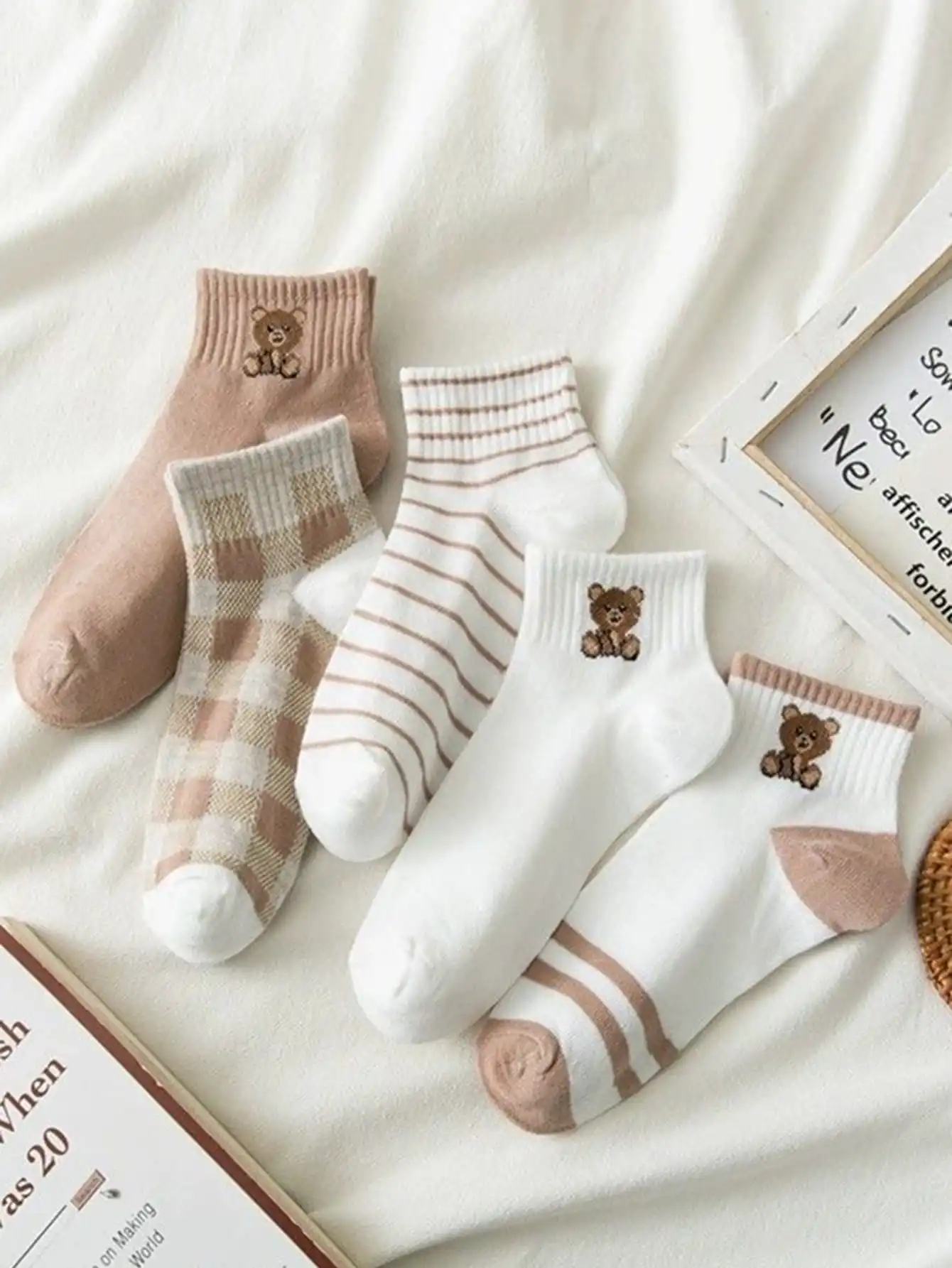 5 Pairs Low Tube Women Socks Set Striped Bear Pattern Cute Bear For Women Fashion Style Casual Comfortable For Famle Niche