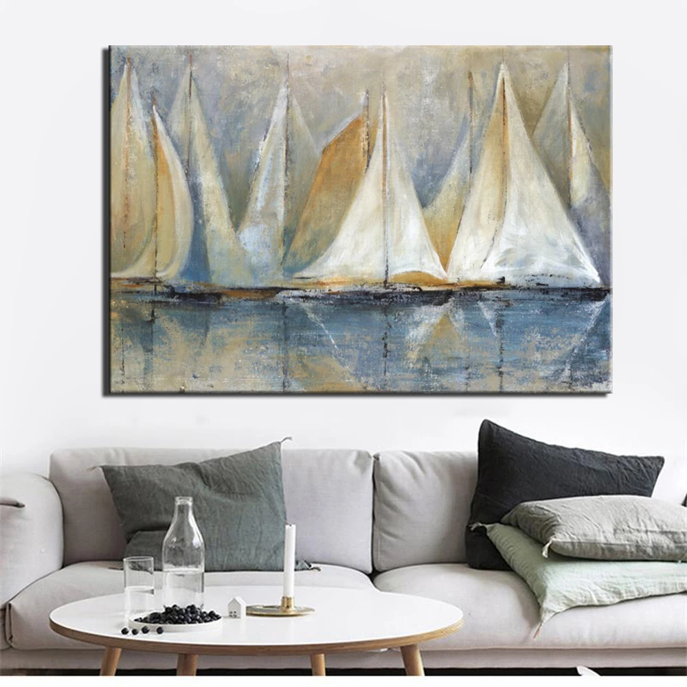 

Современная абстрактная картина маслом с лодкой, настенный художественный плакат и принты, Картина на холсте для гостиной, Декор без рамки