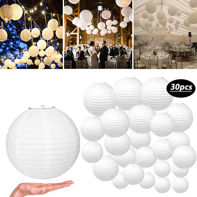 

30pcs White Paper Lantern Balls Wedding Decoration Supplies DIY Hanging Lanterns Birthday Party Festival Decorations Foldable