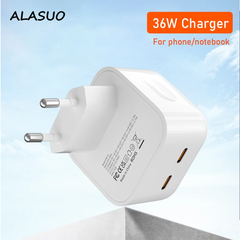 

36W High power for iphone fast charge with dual type c ports portable cellphone charger adapter for macbook laptop UK/US/EU Plug