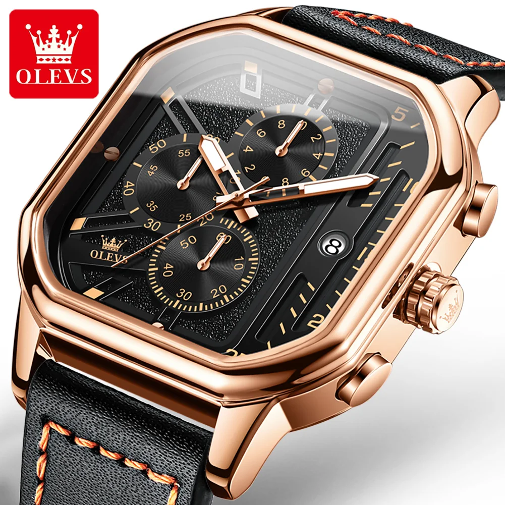 

OLEVS New Men's Watches Square Chronograph Quartz Watch for Man Waterproof Luminous Date Wristwatch Leather Strap Sport Trend