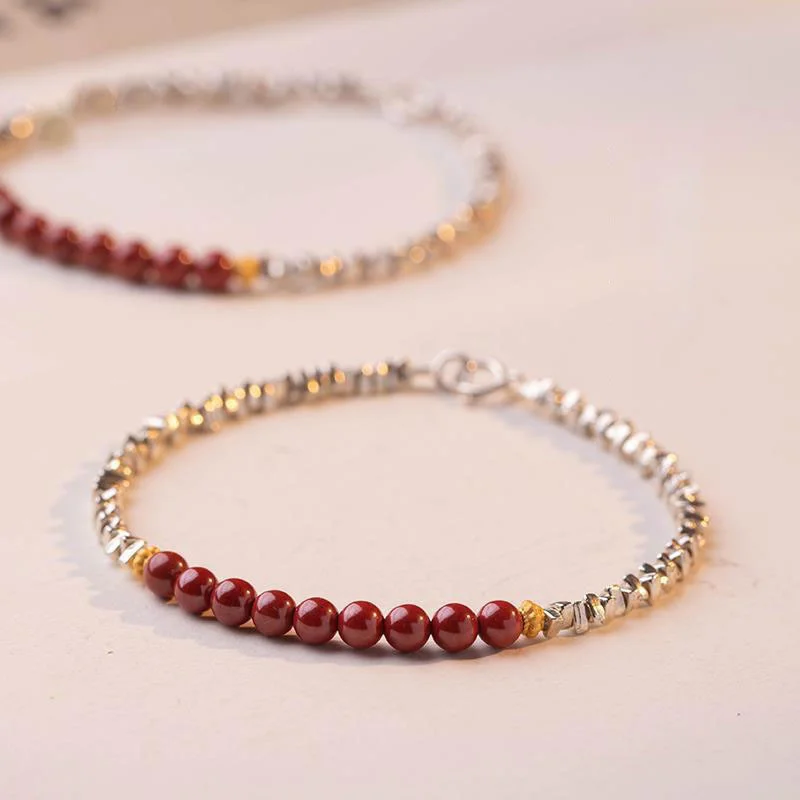 

Broken Silver Several Two S925 Sterling Silver Cinnabar Bracelet Women's Niche Design Natural Men's and Women's String Gift