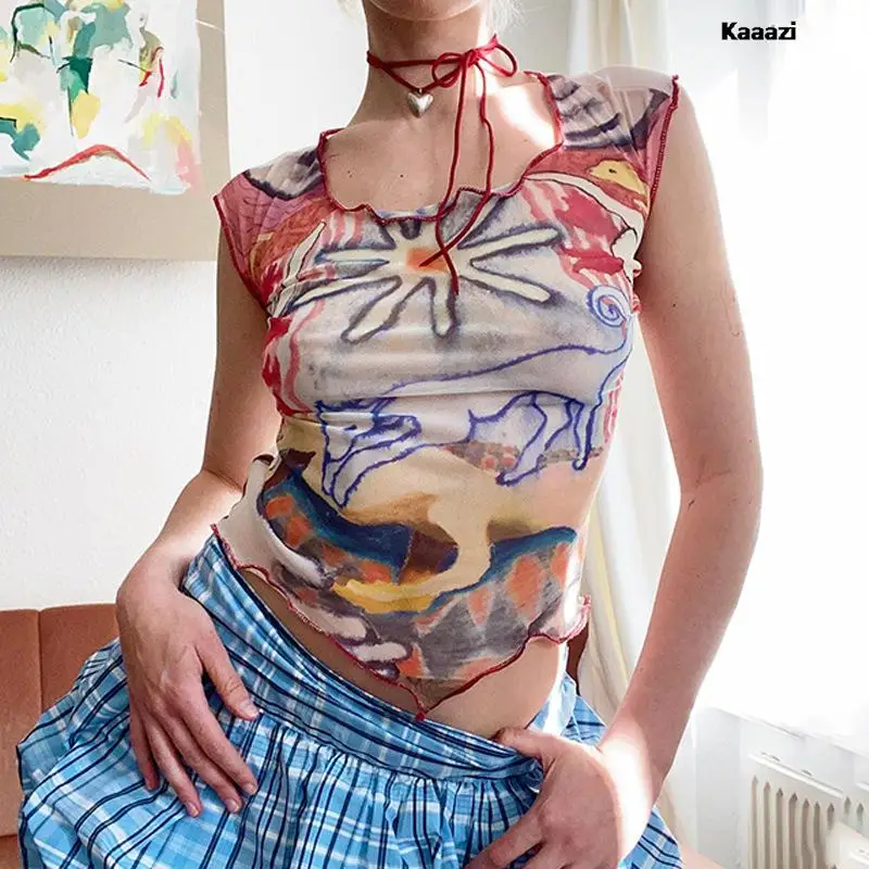 

KAAAZI Fashion Trend Print Graphic Streetwear Airplane Sleeve Crop Top Slim Fit Summer Mesh Short Sleeve Vintage Women Top