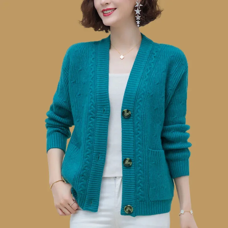 

Women Knit Sweater Cardigan Coat Korean Fashion Causal Knitwear Strickjacke Spring Elegant Mom Jacket Loose Vintage Outwear New