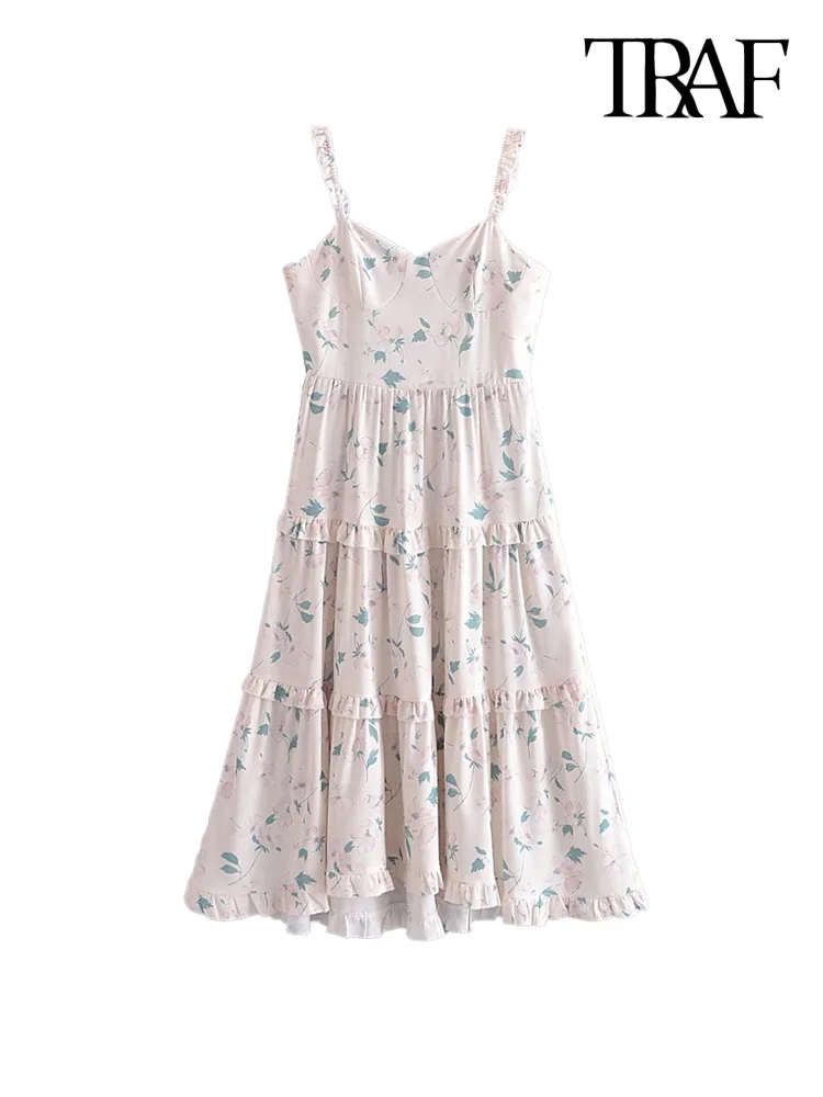 

TRAF Women Fashion With Ruffles Printed Midi Dress Vintage Backless Zipper Thin Straps Female Dresses Vestidos Mujer
