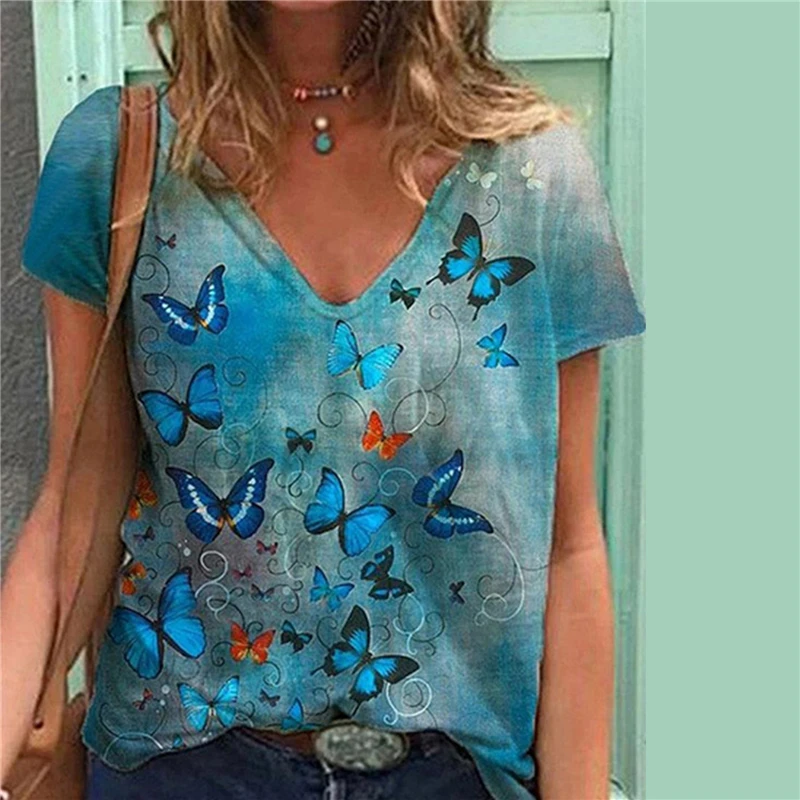 

Women's Summer Fashion T-Shirt Butterflies Printed Short Sleeve Graphic Tops Ladies Trendy T-Shirts Female Casual Top