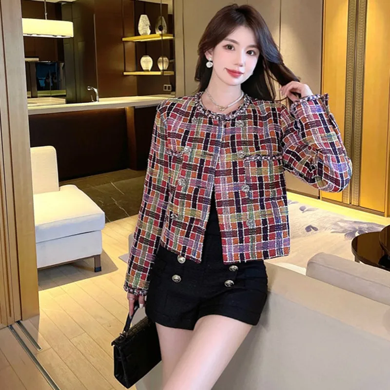 

Женское твидовое пальто с длинным рукавом, модельный элегантный универсальный пиджак в клетку, верхняя одежда с круглым вырезом, верхняя одежда