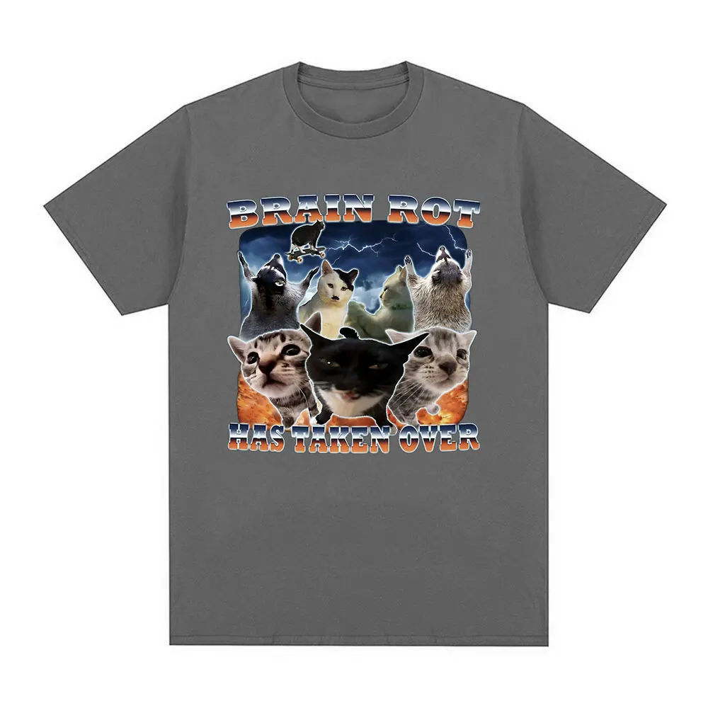 Brain Rot Has Taken Over Funny Cat Meme Graphic T-shirts Mens Harajuku Fashion Oversized T Shirt Cotton Short Sleeve T-shirt Top