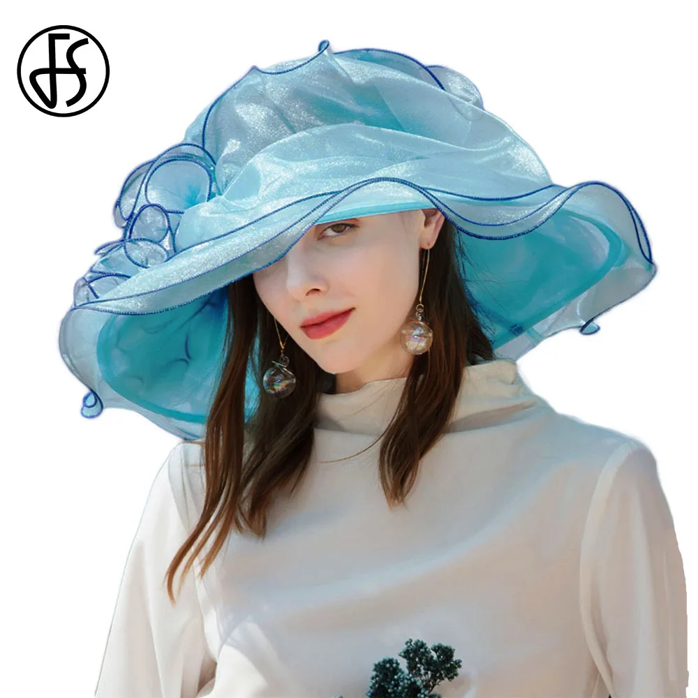 

FS Lake Blue Pink Organza Derby Hat For Women Wide Brim Beach Sun Hats Elegant Flowers Ladies Wedding Church Flat Top Fedoras