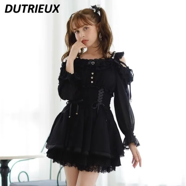 Японская осенняя серия Sweet Mine Массовый шифоновый топ с открытыми плечами и рюшами