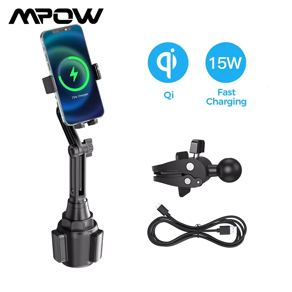 

MPOW CA160 Wireless Car Charger 15W Auto-clamping Qi Fast Charging Car Mount with Built-in Battery Cup Holder Vent Phone Holder