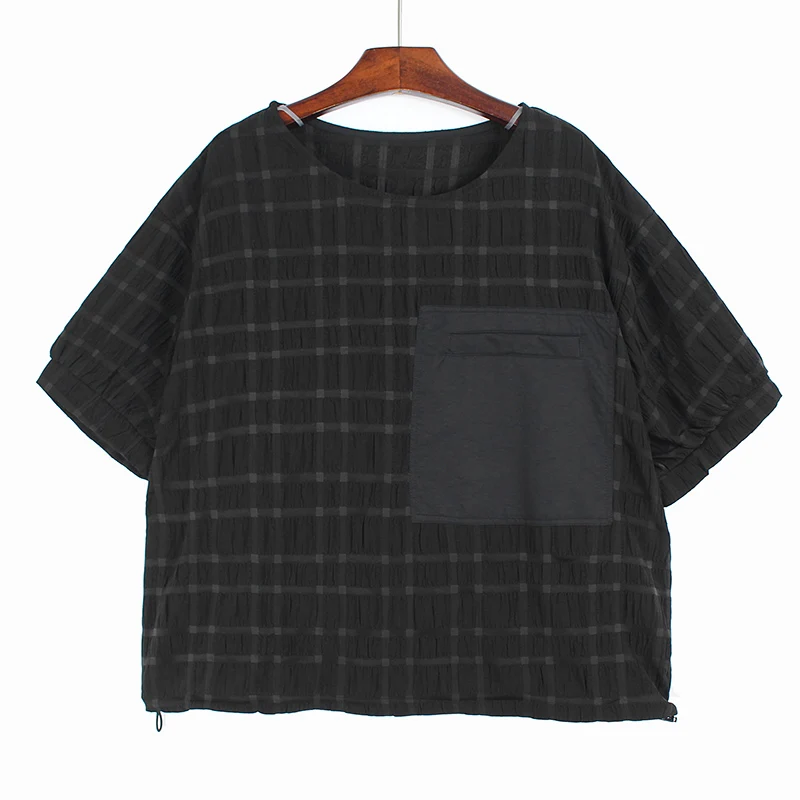 

220527 Women Black Plaid Drawstring Big Size Casual T-shirt New Round Neck Short Sleeve Fashion Tide Spring Summer 2022