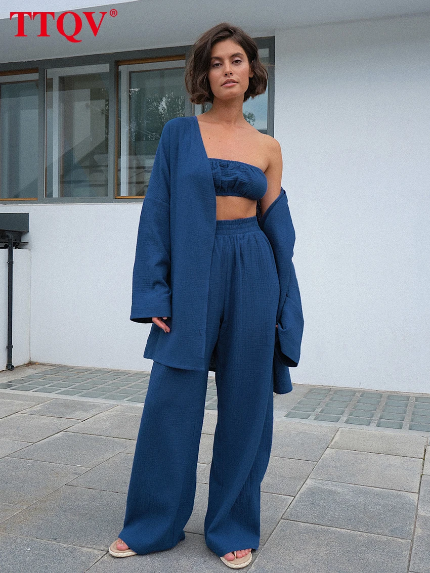 

TTQV Fashion Blue High Waist Pants Set Autumn Casual Tube Top + Long Sleeve Blouses Wide Trousers 3 Piece Sets Womens Outifits