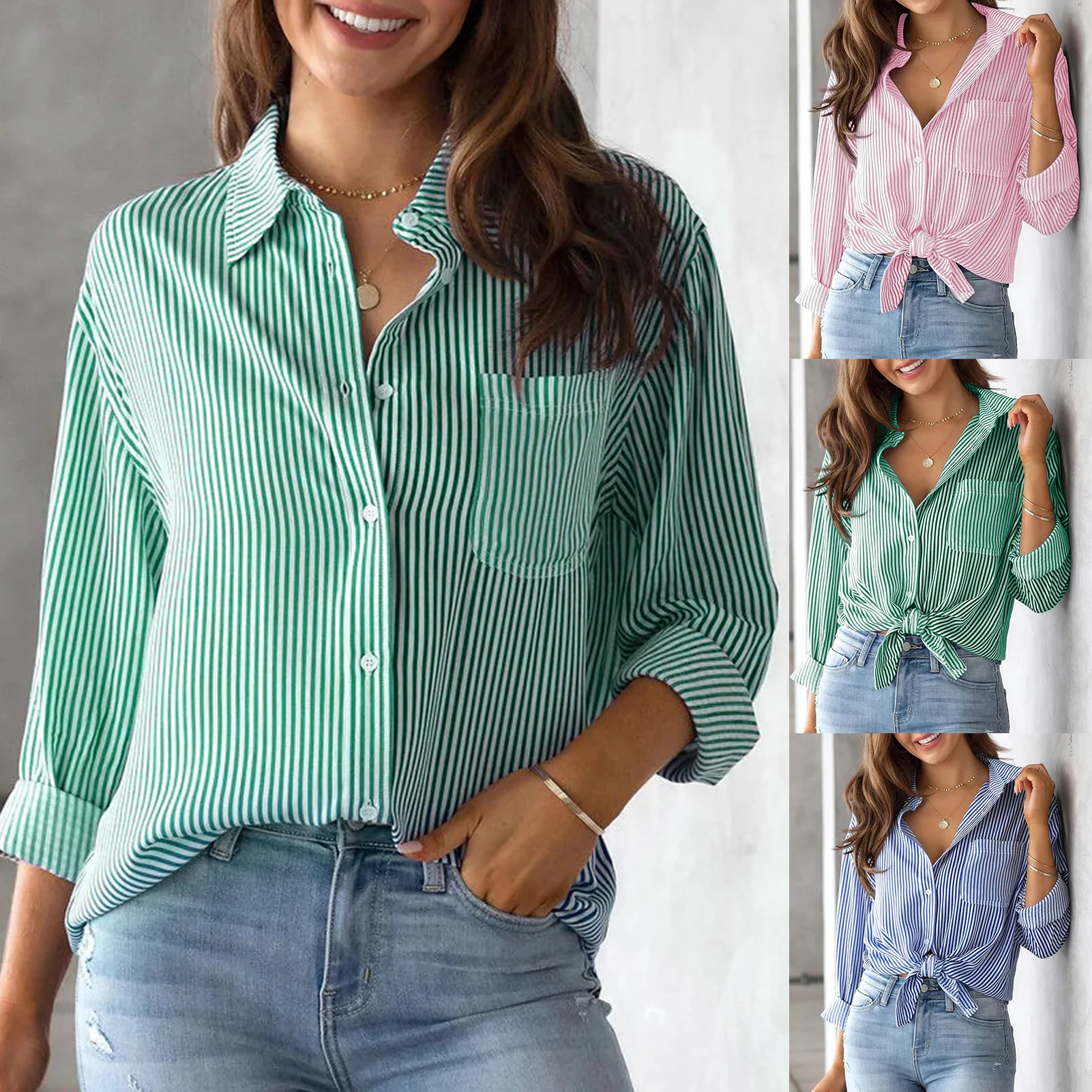 

Vertical Stripe Casual Blouses Vintage Style Ladies Long Sleeve Shirt Button Down Turn Down Collar Loose Fit Office Work Suit