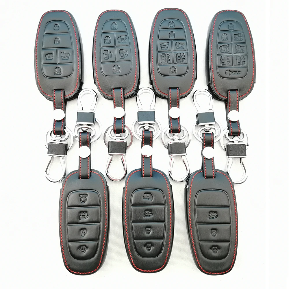

100% Leather Key Fob Case Cover for Hyundai Sonata Nexo DN8 Santa Fe TM Tucson NX4 Staria Loniq 2020-2021 3 4 5 6 7 8 Buttons