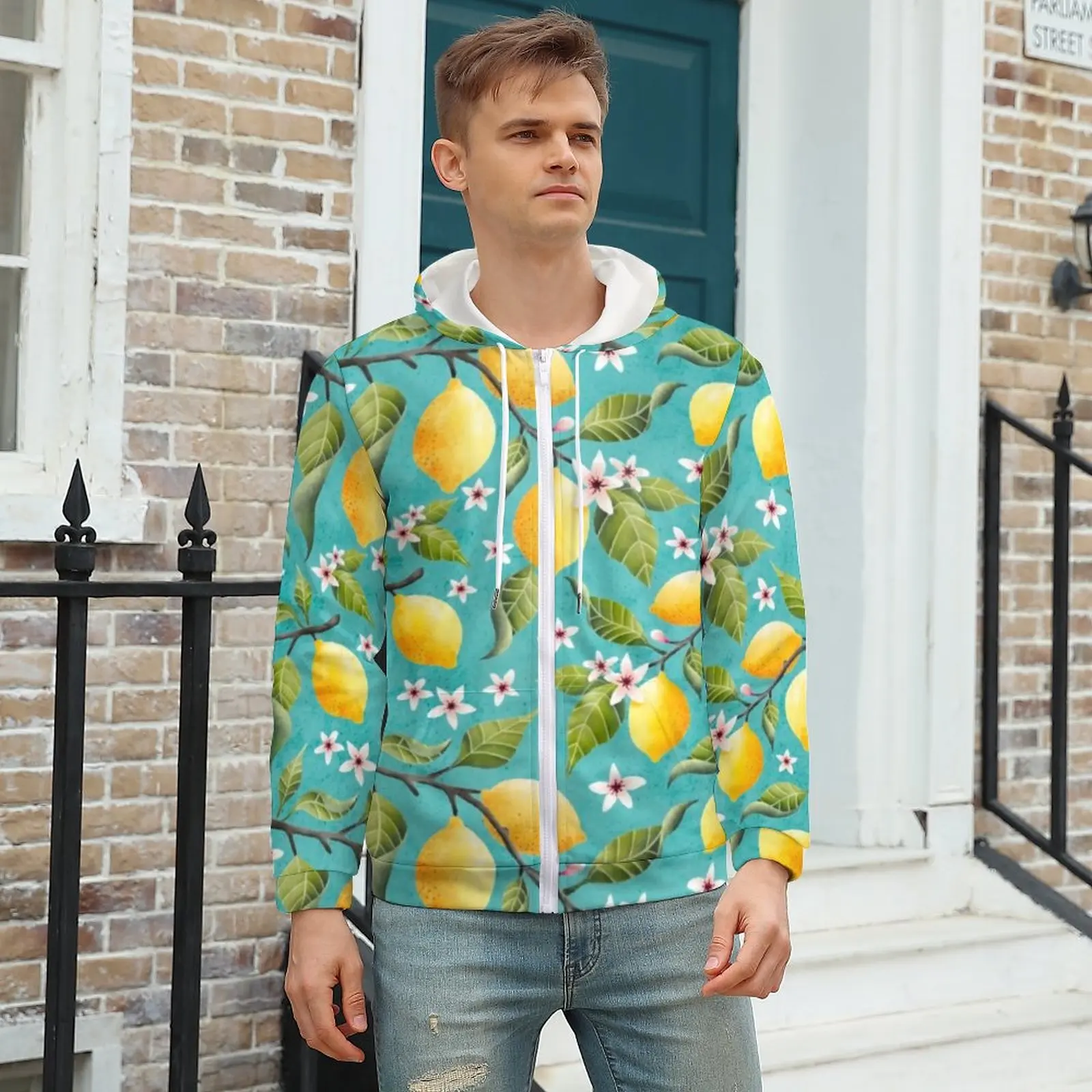 

Lemon Tree Zipper Hoodies Floral And Leaf Print Funny Hoodie Men Long-Sleeve Oversized Loose Graphic Casual Sweatshirts