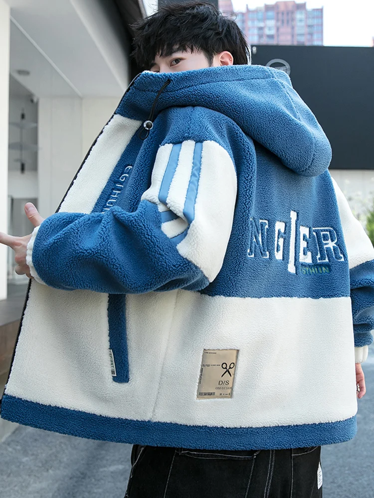 2024 Autumn and Winter New Contrast Color Men's Hooded Polar Fleece Cotton-Padded Coat Student Warm Lambswool C...