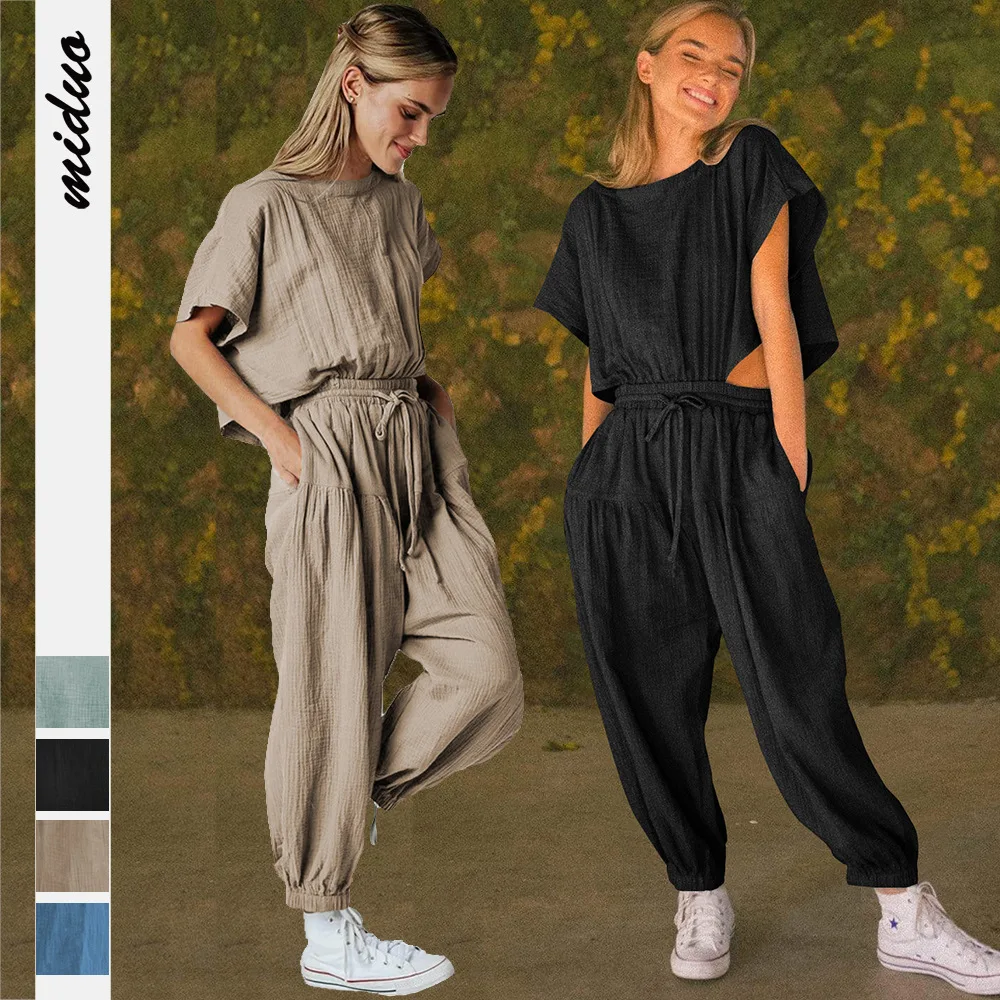 

Summer Women's Casual Jumpsuit Loose Back Button Split Pleated Drawstring Harlan Home jump suits for women