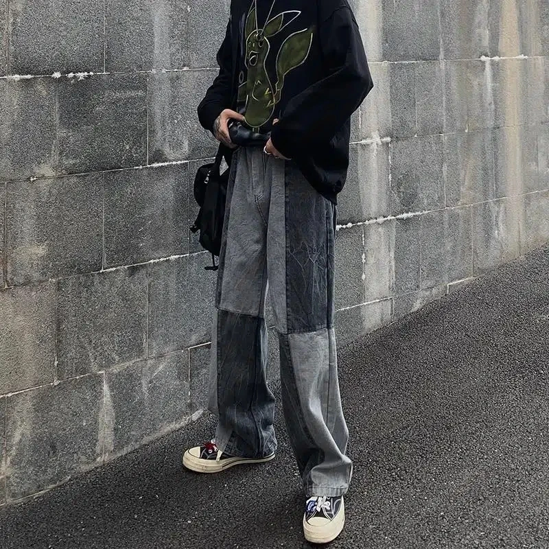 High Street Men's Jeans Spring Summer Vintage Patchwork Japanese Streetwear Casual Straight Loose Trouser Male Wide Leg Pants
