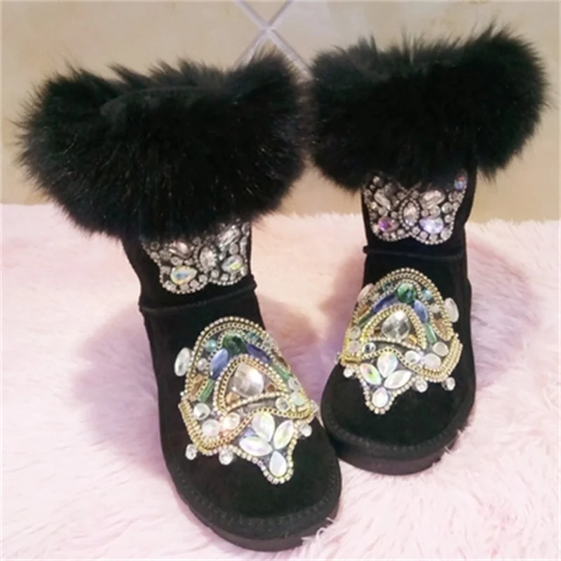 

Handmade diamond-studded leather rhinestone fox fur one-piece snow boots mid-tube cotton boots large size women's boots 35-41