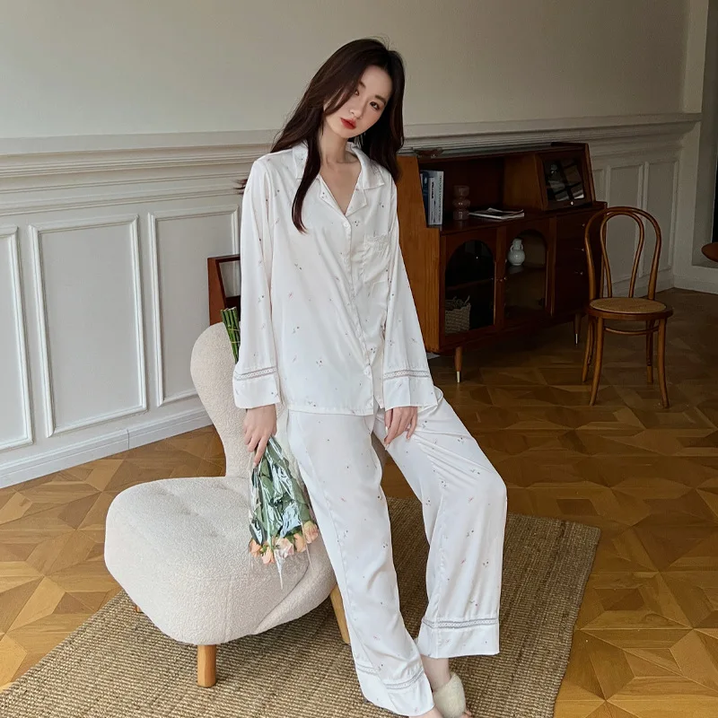 Spring and Summer Pajamas WomenJasmine Garden Lace Long-sleeved Trousers Loose Home Service Suit Breathable and Comfortable Suit