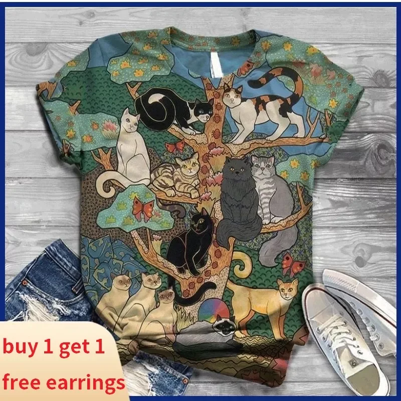 

Women's Clothing Summer Short Sleeve T-shirts Digital 3D Kawaii Cat Printed Harajuku Tops Female O Neck Shirt Mujer Camiseta