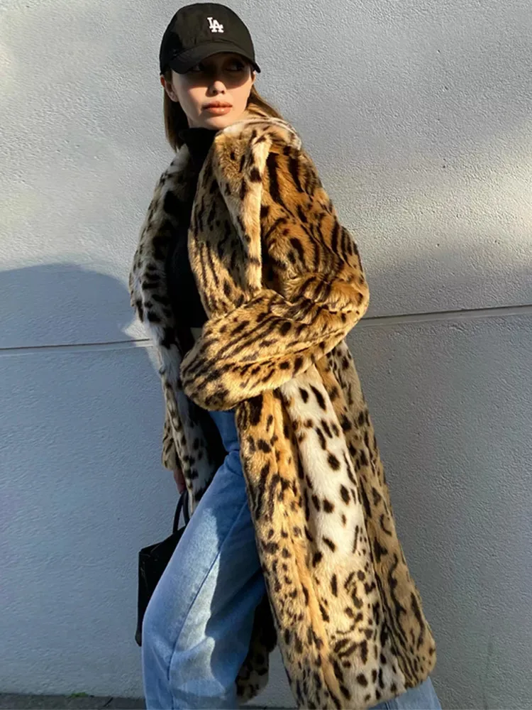 Women's Clothing Autumn And Winter 2022 New Leopard Print Imitation Fur Coat  Fashion Suit Collar  Long
