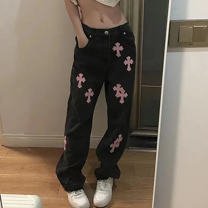 Streetwear Korean Fashion Versatile Denim Trousers Cross Applique Jeans Woman High Waist 4XL Size Y2k Straight Baggy Pants