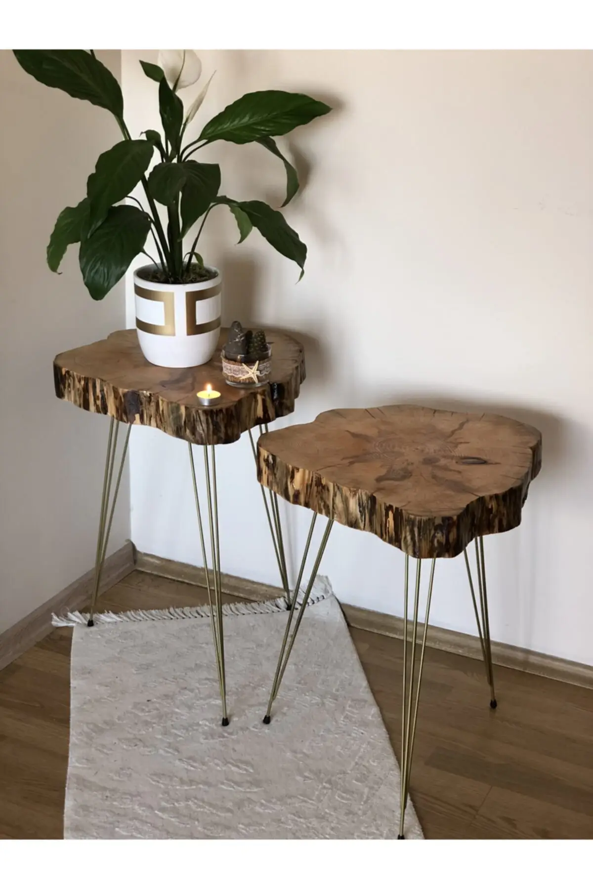 

2'li Gold Flip Natural Wood Log Zigon Coffee Table